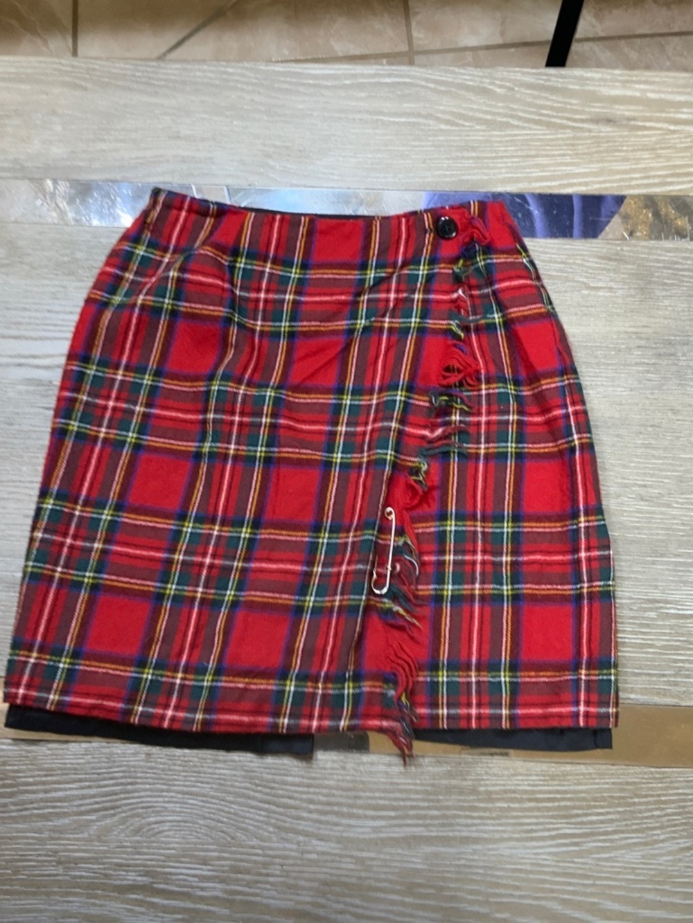 Rafaella Red Tartan Mini Wrap Skirt with Fringe and Safety Pin Accent